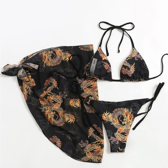 NEVER WORN 3 piece swim set with dragon skirt cover up and dragon bikini - Picture 2 of 5